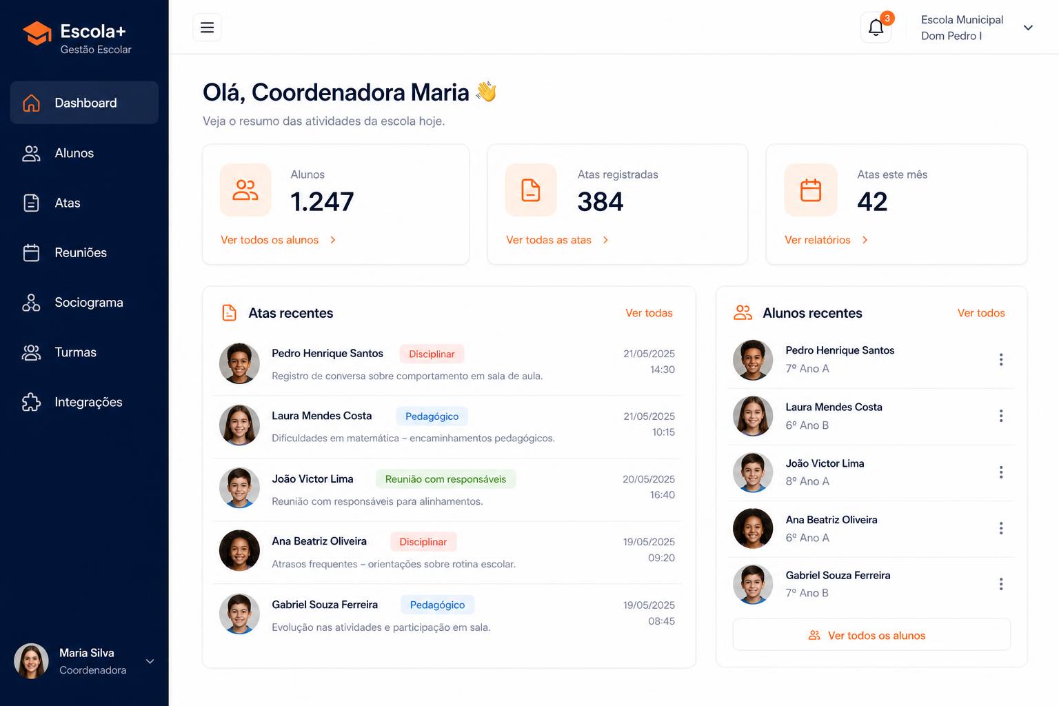 Painel do VS360 com atas recentes e alunos